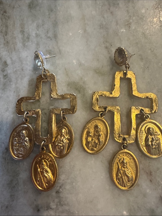 Susan Shaw Jewelry - Gold Cross Dangle Earrings with  Medallions Susan Shaw